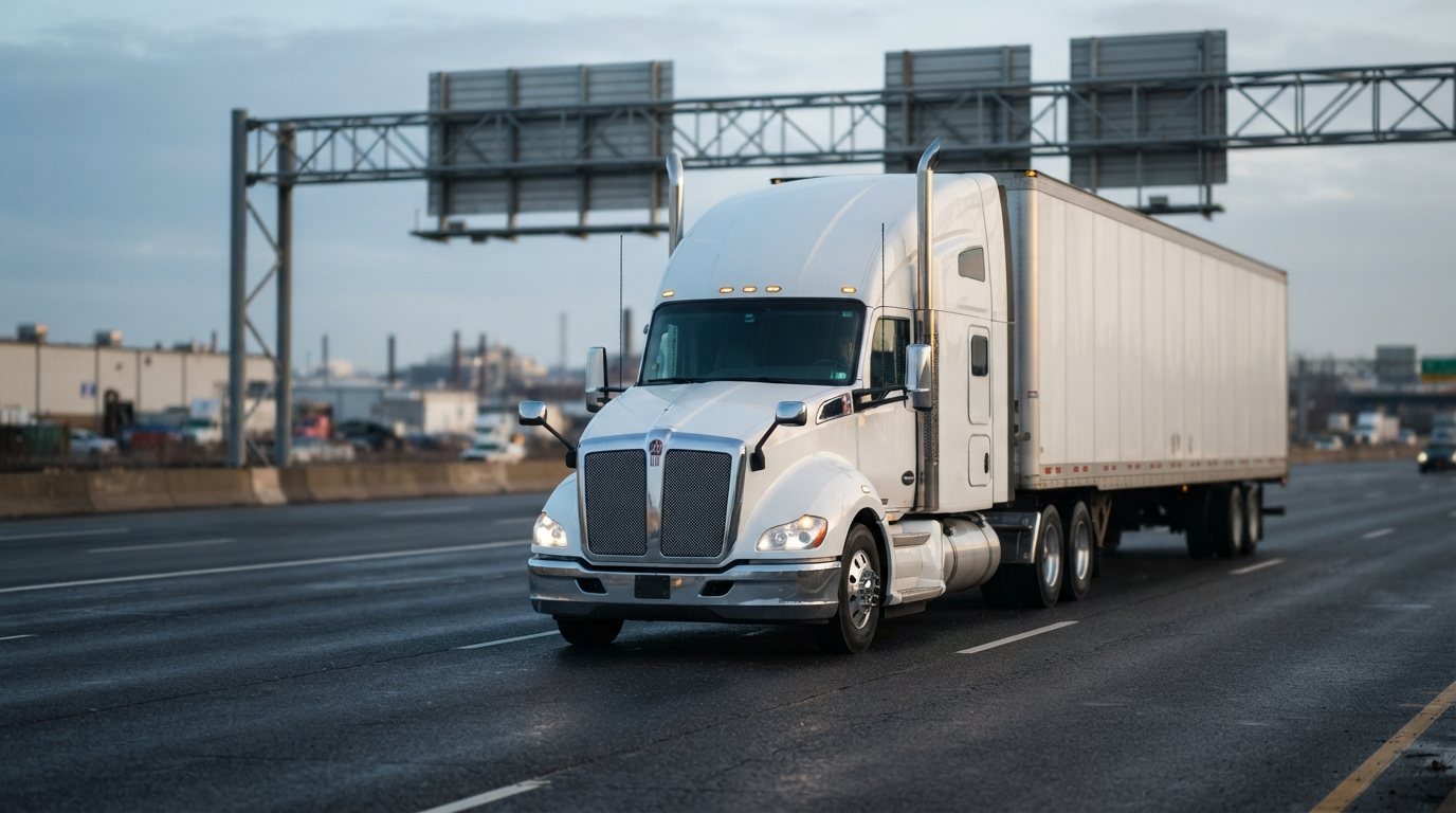 A clean, well-kept tractor-trailer pulling away on a New Jersey interstate in early morning light, cab facade and grille